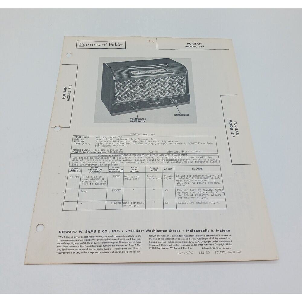 VTG Howard Sams 1947 Radio Photofact Folder Puritan Model 515
